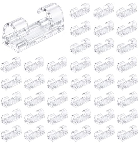 Cable Clips Self Adhesive Clear 40 pcs, Wire Holders for Desks and Walls | Clear-look adhesive holders for slim wires on smooth dry indoor surfaces: desks, walls or skirting boards