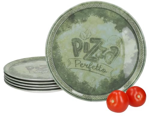 MamboCat Perfetto Lot de 6 assiettes à pizza - Diamètre : 31,5 cm - Vert - Pour 6 personnes - En porcelaine rustique - Pour pizza, tarte flambée et plus encore - Grandes assiettes plates avec décor et