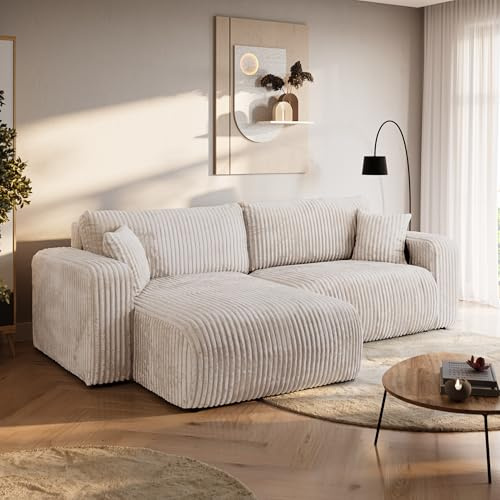 BROMARKT Ecksofa mit Schlaffunktion und Bettkasten 125x200cm L Crème | Schlafsofa mit Stauraum und Kissen Eckcouch Sofa für Wohnzimmer Wohnlandschaft 3 Sitzer Universell freistehend Couch TILIO