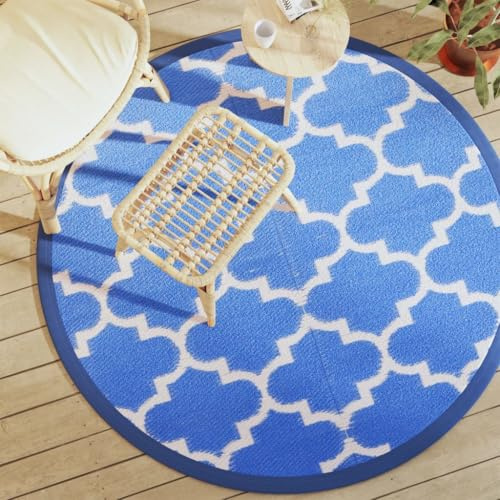 HPUYRFG ARAKIL - Tapis d'extérieur - Bleu - Ø 160 cm - En polypropylène - Imperméable - Résistant aux UV - Rond - Utilisable des deux côtés - Pour balcon et terrasse