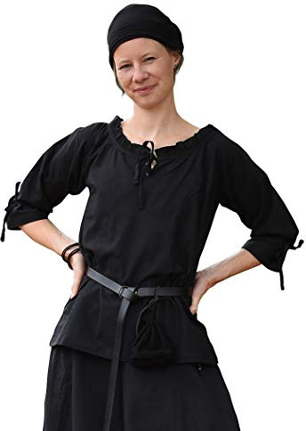 Battle-Merchant - Mittelalter Bluse Birga für Damen | Baumwolle, 3/4 Arm, Rüschen, Schnürung, Kleidung für Frauen, Renaissance, LARP, Reenactment, Mittelaltermarkt