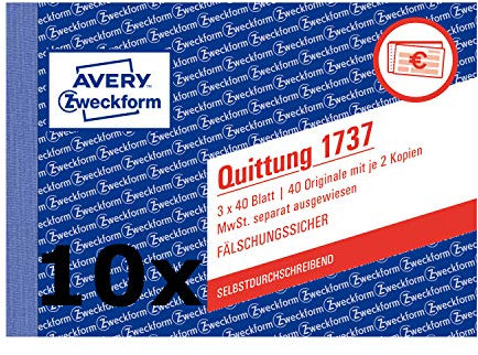 AVERY Zweckform 1737 Quittung MwSt. separat ausgewiesen (A6 quer, selbstdurchschreibend, 3x40 Blatt) weiß/gelb/rosa (10 Stück/selbstdurchschreibend, 3 x 40 Blatt)