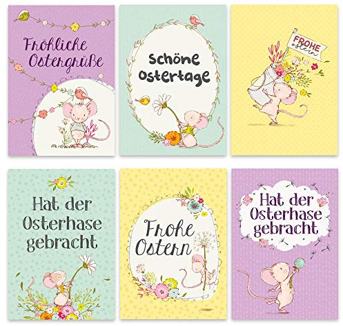 Papierdrachen Osterkarten Set Bären und Mäuse - 12 liebevoll gestaltete Postkarten zu Ostern - Grußkarten Set 6 - Ostern 2019