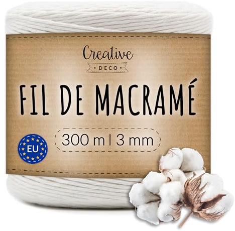 Creative Deco 3mm x 300m Corde Macramé Fil de Coton Blanche | +/- 0.5mm d’Épaisseur | Ficelle de 15 Plis | Cordelette Naturel | Cuisine, Jardin, Decoration, Jardinage, Emballage Cadeau, Bricolage