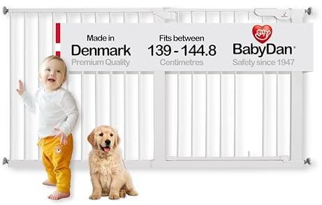 BabyDan Premier, extra bred tryckpassad trappgrind, 139–145 cm, babygrind/säkerhetsgrind, metall, vit, tillverkad i Danmark – (husdjursgrind/hundgrind)