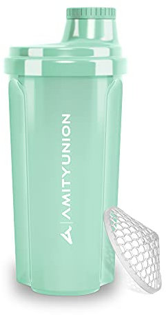 AMITYUNION Coctelera de proteínas 500 ml Heaven a prueba de fugas, sin BPA con tamiz y escala que se pueden hacer clic para batidos cremosos de suero, mezclador de proteínas, original en Azul menta