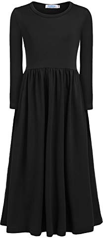 Arshiner Robe Maxi à Manches Longues pour Fille - Robe Longue Unie pour Enfant Automne Hiver - Patineuse Swing de Base Décontractée avec Poches - Soirée - Taille 98-152