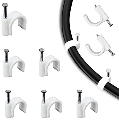 Kabelschelle Nagelschelle 200 Stück Kabel Nagel Befestigung Nagel Weiß Haftclips mit eingestecktem Nagel,Kabelclips Kabelhalter Rund 10mm für Netzwerkkabel