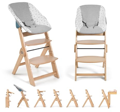 Ms BabyWorld - Chaise Haute Full en bois | Évolutive | Réglable en hauteur | Repose-pieds | Plateau Amovible | Convertible et Sécurisée | Harnais à 5 Points | Style Nordique (Bois/Gris)