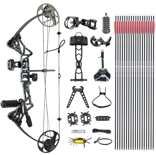 SHARROW Compound Bogen Set Geschenk für Erwachsene Frauen Paket M1, 19-30 Zuglänge, 10-50 Pfund Zuggewicht Bogenschießen Jagdbogen Bogen und Pfeil Set für Teenager Rechtshänder (Schwarze Tarnung)