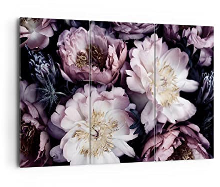 Bilder auf Leinwand 165x110cm Leinwandbild Pfingstrosen Veilchen Blumen Groß XXL Wanddeko Bild Schlafzimmer Set 3 teilige Wandbilder Dekoration Wohnzimmer Canvas Wand Kunstdruck Art CE165x110-5076