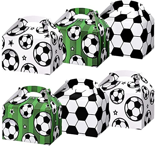 Soccer Party Treat Boxes 24 PCS - Football Gift Boxes With Handles for Kids Sports Theme Birthday Decoration - Cardboard Candy Cookies Box Goodie Bags - Soccer Supplies