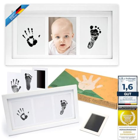 all Kids United® Baby Picture Frame Ink Imprint Set - Marco de fotos para huellas de manos y pies y fotos; Set de regalo para nacimiento, bautizo, parte de bebé, etc. 3 piezas blanco