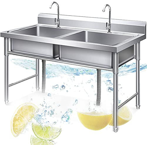 HUMNZR Évier de Cuisine 2 Bacs en Acier Inoxydable, Égouttoir Trop-Plein et Siphon,Adapté Au Garage De Cuisine De Restaurant D'hôtel,0.8mm
