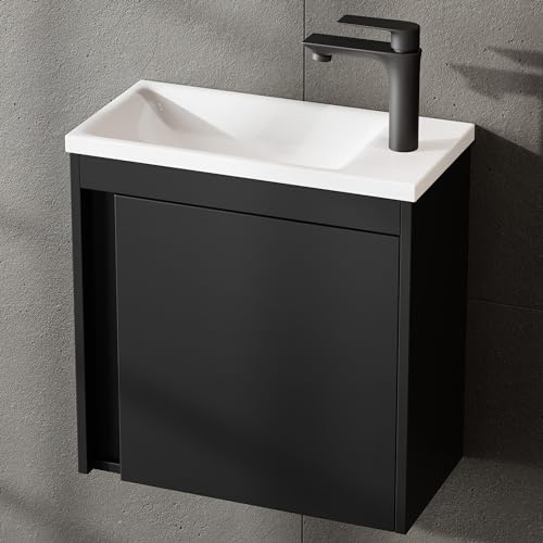 Planetmöbel - Set di mobili da bagno 2 pezzi, composto da lavabo con mobiletto da 50 x 48,3 x 24,8 cm nero opaco, mobiletto con lavabo a incasso bianco