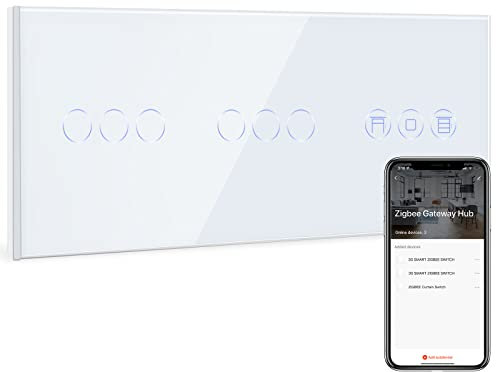 BSEED Smart ZigBee Lichtschalter mit Rolladenschalter, Doppel 3 Fach Smart Home ZigBee Schalter mit Zigbee Rolladensteuerung arbeitet mit Smart Life/Tuya, Alexa und Google Home Weiß (Hub erforderlich)