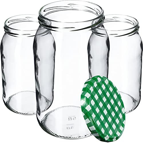 KADAX Lot de 8 bocaux en verre à insérer avec couvercle à visser - 900 ml - Peut être utilisé comme pot de confiture, de provision, de conserve - Vert à carreaux