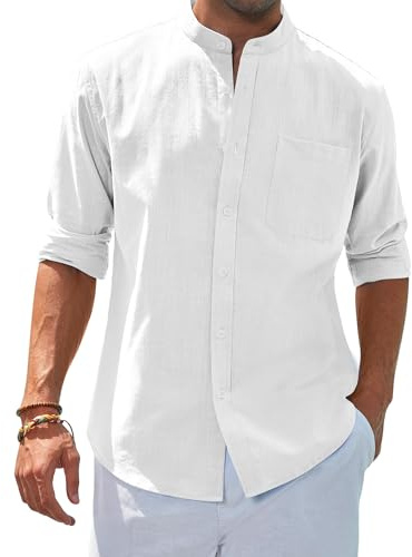 siliteelon Leinenhemd Herren Langarm Stehkragen Hemd Herren Casual Sommer Businesshemd Regular Fit Freizeithemd Beach Leichte Shirt, Weiß, L