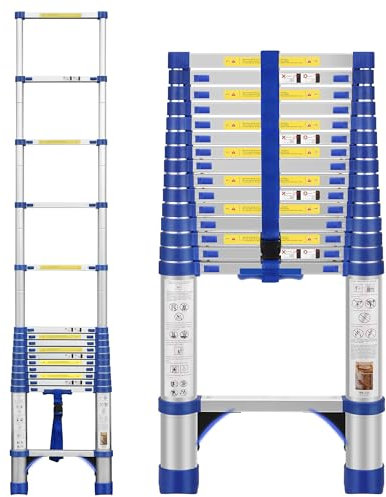 BOWEITI Scala telescopica da 5 m, portatile, in alluminio, con stabilizzatori, scala telescopica leggera e compatta, capacità 159,7 kg, scala estensibile per casa, esterno (4,5 m, blu)