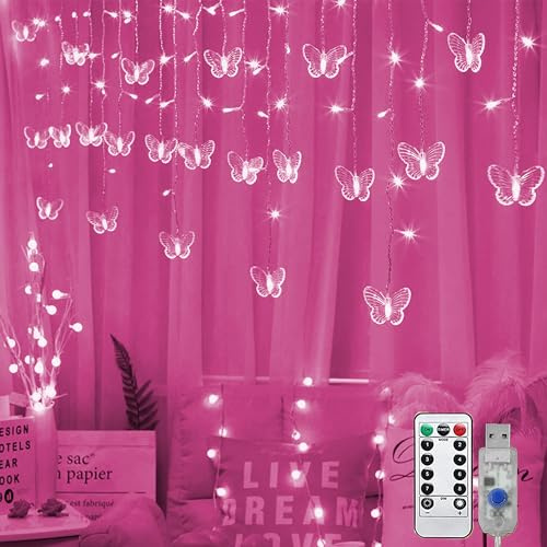 Butterfly Curtain Fairy Lights USB Plug in, 8 Modes 96 LED 11.5FT Firefly Window Twinkle Timer String Lights with Remote for Bedroom Patio Christmas Wedding Party Decoration (Pink)