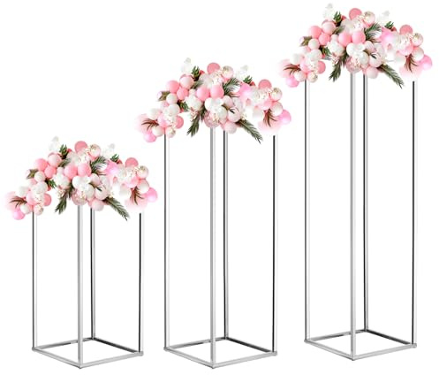 MECCANIXITY Wedding Flower Stand Vase Column, Metal Flower Stand 15.7, 23.6, 31.5 Inch Tall Flower Rack Silver Tone for Wedding Party Dinner Centerpiece Decorations, 1 Set