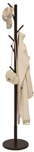 Exabang Garderobenständer, Kleiderständer Holz, 9 Haken, 4 Verstellbare Höhen, Jackenständer Kleiderständer Taschenständer Gardarobenstaender für Kleidung, Hüte, Taschen (Kaffee)