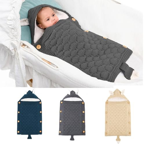 Schlafsack Baby Winter Wickeldecke Universal Strick Einschlagdecke mit Plüschfutter Babyschlafsack Extra Warm Fußsack Weich Babydecke Säuglinge Kuschelsack für Kinderwagen Buggy Kinderbett Grau