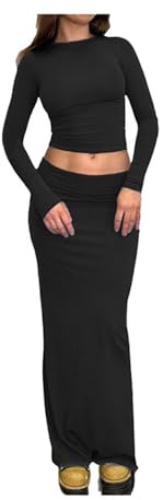 QKEPCY Conjunto Vestido 2 Piezas Otoño para Mujer Conjunto Casual Top Corto Manga Larga Ropa de Calle Y4k Falda Punto para Mujer Conjunto Vestido Elegante (L)