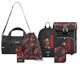 SkANDO Bags Lego Ninjago skolväska set pojkar och flickor från 1:a Klass – 6 delar – skolryggsäck, pennfodral (fylld), gymväska, mindre ryggsäck, plånbok och sportväska, Lego Ninjago, röd, modern