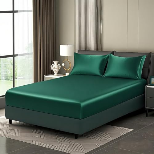 Luowei Satin Spannbettlaken 160x200cm Seidig Kühlend Sommer, Dunkelgrün | Seidiger Glanz Boxspringbett Spannbettlaken, Weich und Komfortabel, mit Rundum-Gummizug für 25-30 cm höhe matratze
