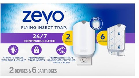 Zevo Flying Insect Trap, Fly Trap, Fruit Fly Trap (2 Plug-in Bases + 6 Refill Cartridges)