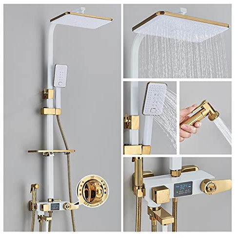 Schwarz Digital Display Thermostat Dusche Armaturen Regen Dusche Thermostat 4-Wege-mischer Commodity Regal Bidet Wasserhahn Dusche(White Gold TH)