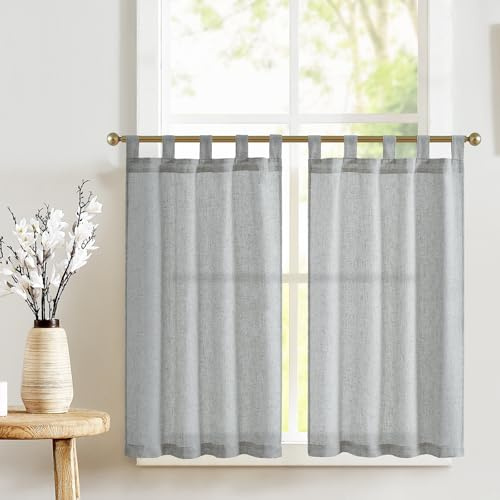 TOPICK Rideaux Cuisine Brise Bise Court Petit Rideau, mélange de Lin, a Pattes Lot de 2 Gris 65x90cm(LxH),pour Salon Placard Chambre sous Evier Salle, Décoration d'Intérieur Épurée | Rideaux avec ruban à petite tringle pour fenêtre, armoire, meuble bas, chambre protecteur d'évier