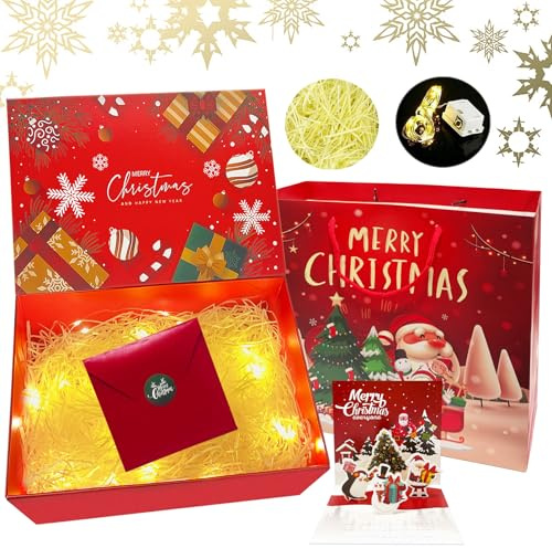 YeahBoom Weihnachten Geschenkbox,Weihnachten Geschenkschachtel mit Deckel,Weihnachtsbaumboxen,Grünen und Roten Weihnachtsmotiven mit Weihnachtsbändern als Geschenk für Geschenk Verpackung