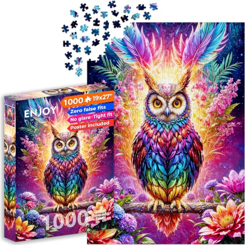 1000 Pieces Jigsaw Puzzle for Adults – Matte Finish, Soft Touch, Sturdy and Unique Pieces, Tight Fit, Vivid Colors, Missing Pieces Service – Magical Owl in Floral Fantasy Illustration by ENJOY Puzzle