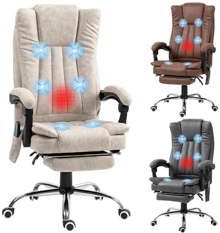 Vinsetto Silla de Masaje con 6 Puntos de Masaje Silla de Oficina Giratoria Silla de Escritorio Reclinable con Altura Ajustable Función de Calefacción Reposapiés Retráctil y Control Remoto Crema