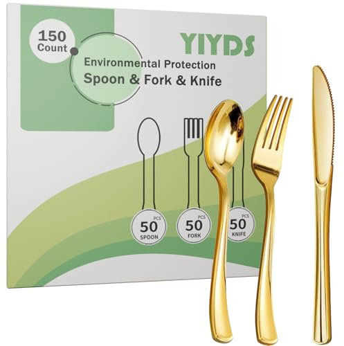 150 Pcs Couvert Doré en Plastique, Set Couverts de dorés Plastique Fête Réutilisables,BPA-Freie,Couteaux,fourchettes et cuillères 50 chacun, pour Fête Réunion de Famille, Repas de Noces