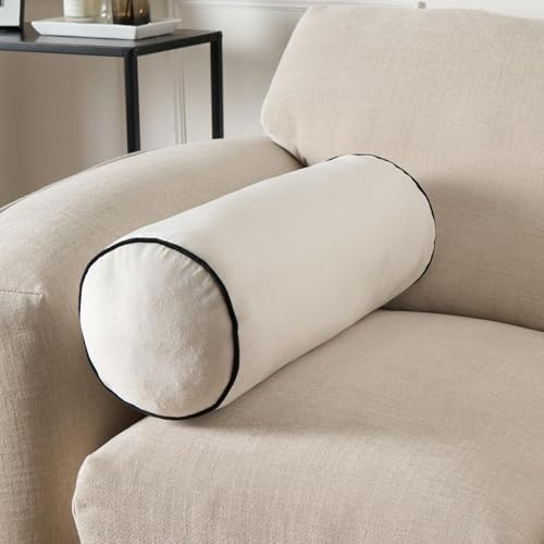 OHS Bolster Cushion Matte Velvet Cylinder Pillow, Soft Velvet Neck Roll Pillow for Armrest & Head Support Yoga Bolster Cushion for Sofa & Bed, Cream/Black-46x20cm