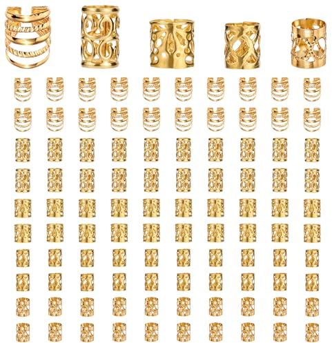 Pack of 100 Gold Dreadlocks Jewellery, Braids Jewellery, Hair Accessories, Metal Hair Rings, Adjustable Cuffs, Hair Beads, Hair Beads for Cliping, Dreadlock Accessories for Braids (Gold)