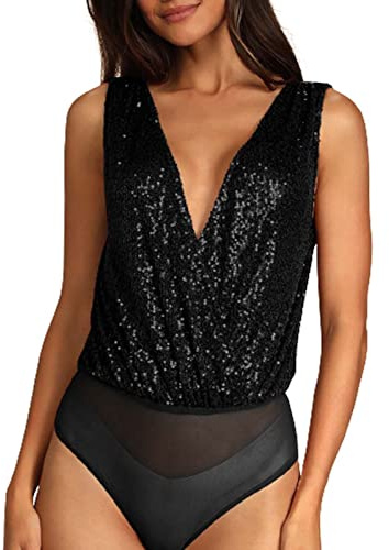 Duohropke Body da Donna a Maniche Lunghe con Scollo Profondo a V, Top Canotta con Paillettes, Body Shapewear, Body String, Sottoveste, Top, Jumpsuit, Nero , S