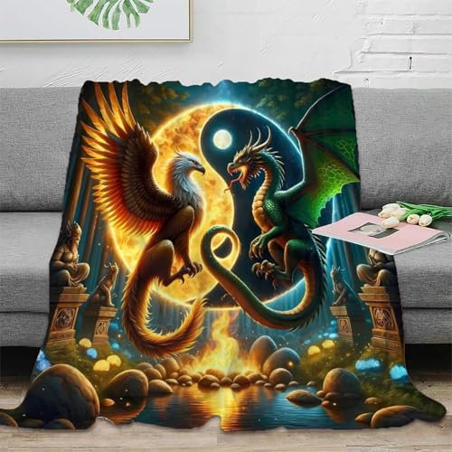 XJmoney Fleecedecke mit Griffon und Drache, Yin und Yang, weich und gemütlich, 3D-gedrucktes Foto, individuelle Überwurfdecke für Kinder, Jungen und Erwachsene, Bedruckt, 127 x 152 cm