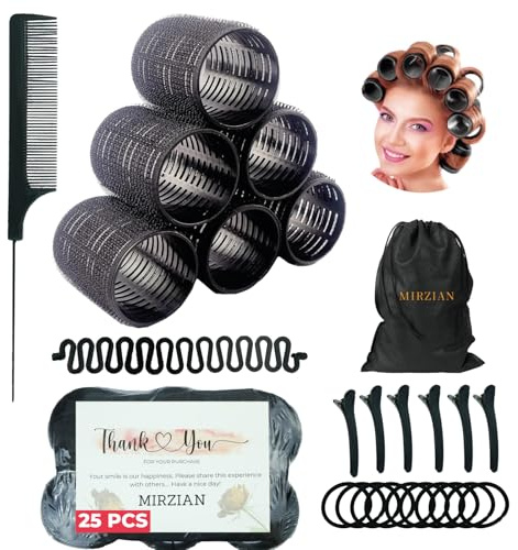 25 Pcs Hair Rollers Set – 6 Extra Large 76mm Rollers with 6 Clips, 10 Grips, Comb, Braid & Storage Bag – Big Hair Rollers & Fringe Roller for Volume, Bangs, Heatless Curls, Travel-Friendly Styling