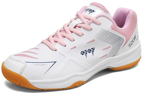 NGARY Womens Pickleball Shoes Badminton Squash Shoes Indoor Outdoor Court Training Volleyball Athletic Sneakers,White Pink,6 UK