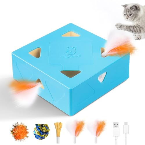 Migipaws 3 en 1 Jouet pour Chat, électrique interactif 7 Trous MigiBox, Secret de préhension sous la Peau émergente,Jouet pour Chaton Qui s'ennuient, Rechargeable, 4pcs Accessoires-Bleu