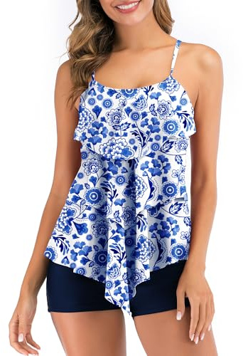 FLYILY Women 2 Piece Tankini Swimsuits Flounce Printed Top with Boyshorts Plus Size Swimwear Bathing Suit(Blueprint,2XL)
