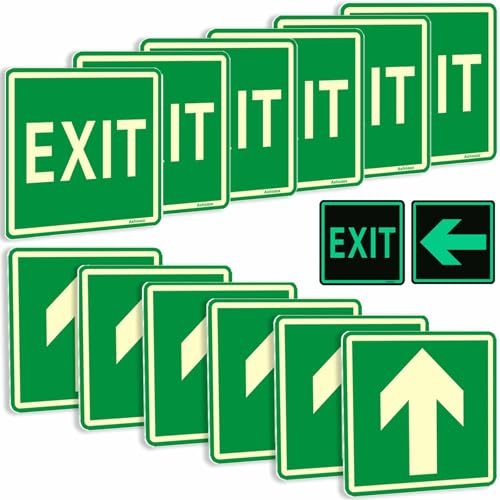 12 Piezas de cartel salida de emergencia con flecha, Cm 15 x 15 paquete de 12 señales de salida, Salida de emergencia luminoso, Cartel salida de emergencia homologado,(Exit Sign)