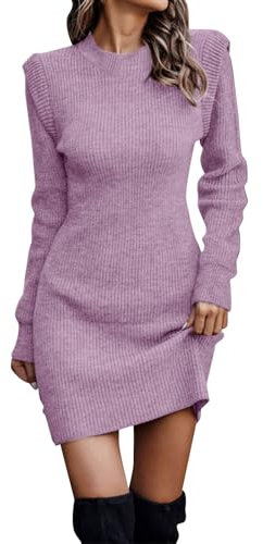 Generisch Robe pull pour femme, col haut, manches longues, couleur unie, col haut, robe longue tricotée élégante à manches longues, lilas, XL