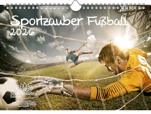 Sportmagi fotboll DIN A4 kalender för 2026 fritid sport fitness – presentset innehåll: 1 x kalender, 1 x julhänge (totalt 2 delar)