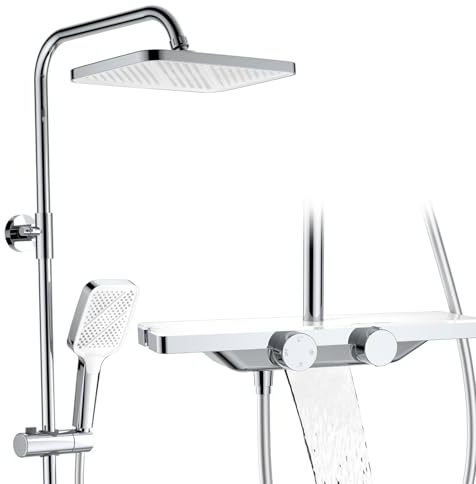 HOMELODY Sistema doccia con termostato e ripiano in vetro cromato – Rubinetto doccia completo da 30 cm, doccetta 3 tipi di getto e beccuccio inferiore – Set doccia a pioggia con rubinetto