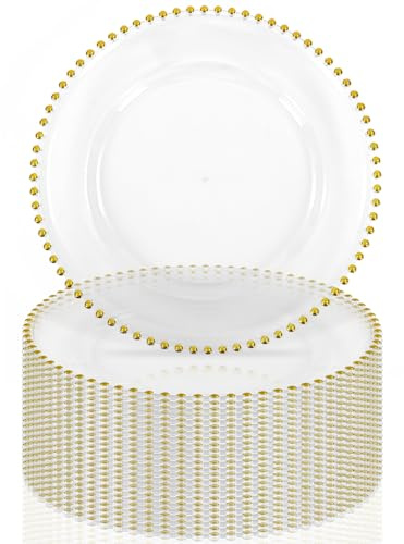 24 Pack Clear Charger Plates With Gold Beaded Rim, 13 Inch Acrylic Round Plate Chargers for Dinner, Plastic Decorative for Table Setting, Wedding, Party, Event (Gold)